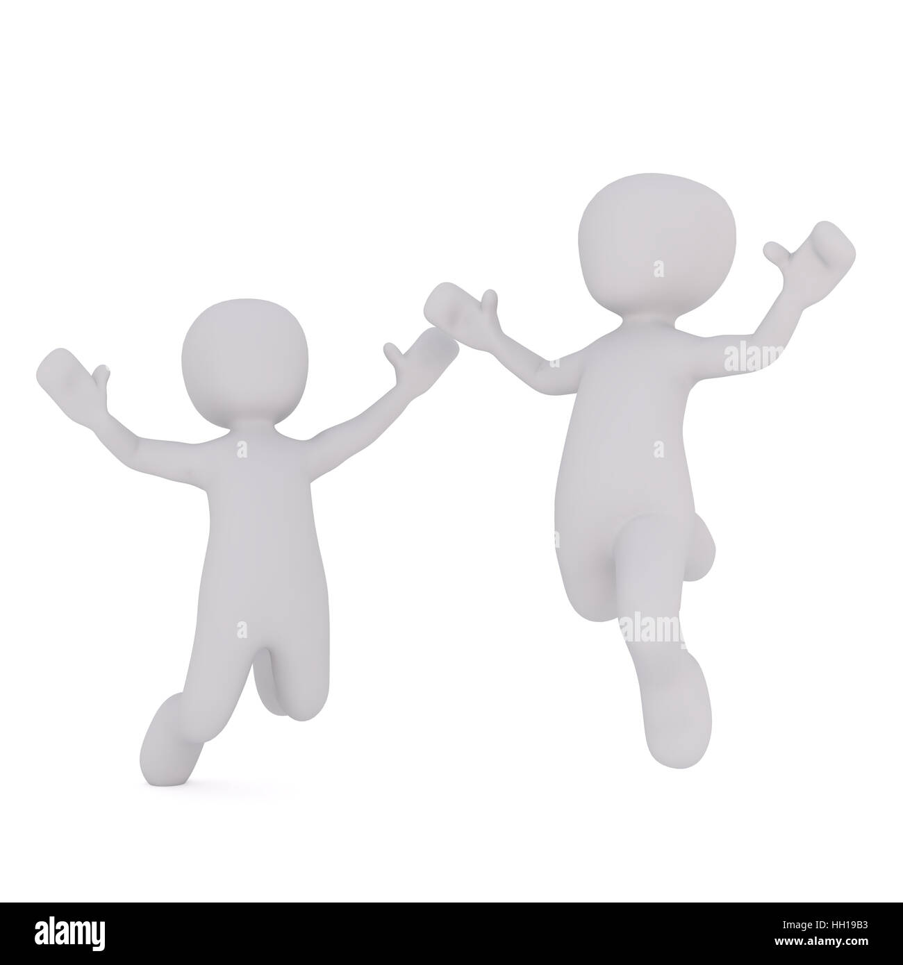 Due anonimi personaggi di cartoni animati felicemente con salto in alto le mani, 3D render isolati su sfondo bianco Foto Stock