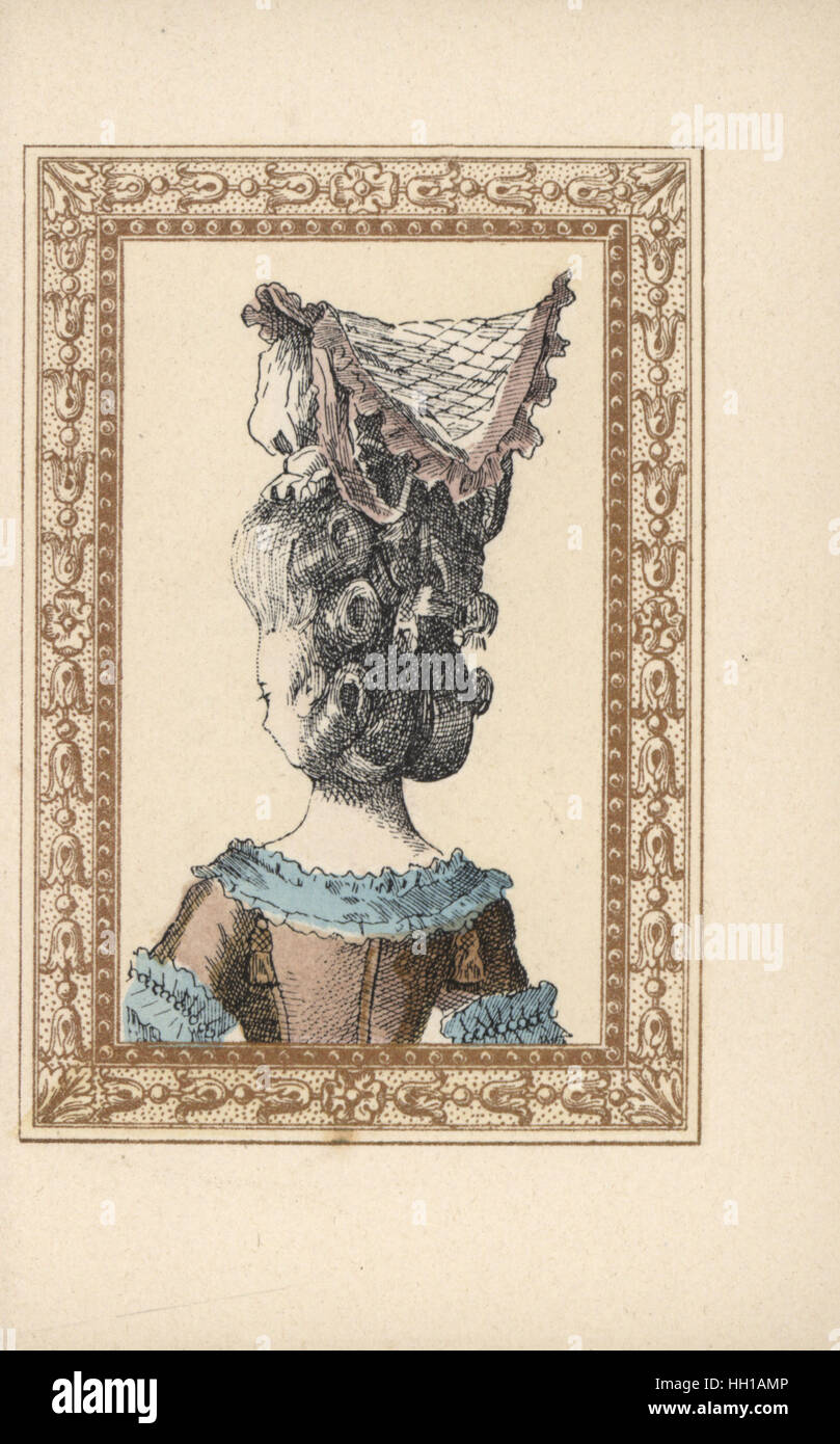 Vista posteriore della donna in chignon intrecciati in tre parti con un fichu cofano. Litografia Handcolored da de Laubadere da Octave Uzanne l'elegante acconciatura o eccentrico raffinatezze dell'epoca di Re Luigi XVI, Coiffures de stile, la Parure Excentrique, Rouveyre, Parigi, 1895. Foto Stock