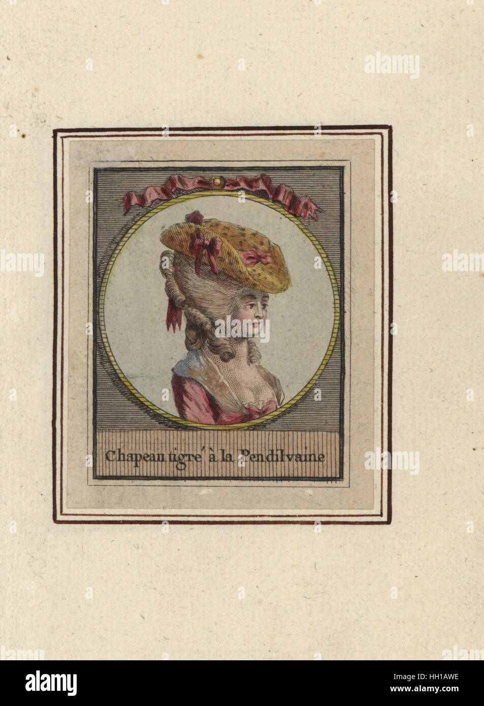 Donna in Pennsylvania maculato hat. Chapeau tigre a la Pensilvaine. Handcolored incisione su rame da un artista sconosciuto da un album di acconciature moda del 1783, Suite des Coeffures a la Mode en 1783, Esnauts et Rapilly, Parigi, 1783. Foto Stock