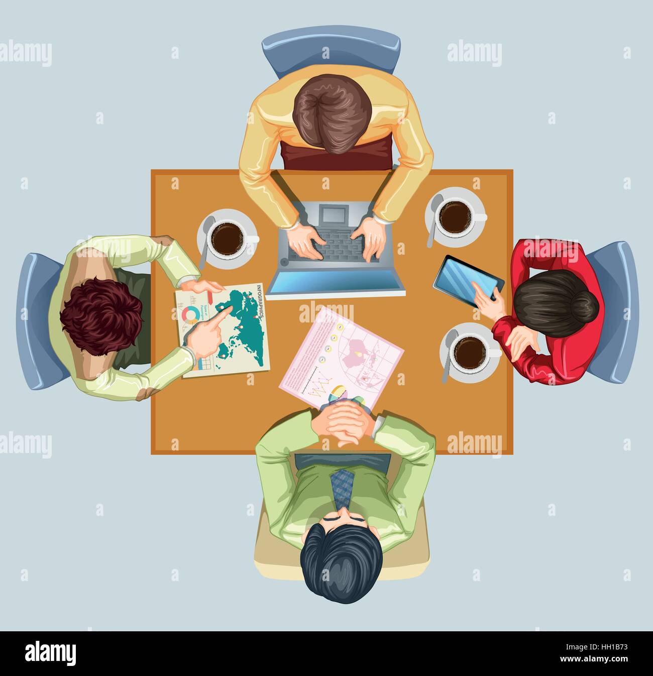 Quattro persone aventi una riunione presso la tabella di immagine Illustrazione Vettoriale