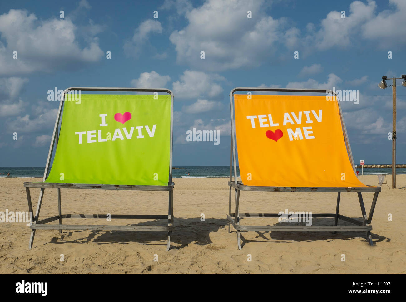 Io amo Tel Aviv, Tel Aviv mi ama, Tel Aviv beach front, Israele Foto Stock