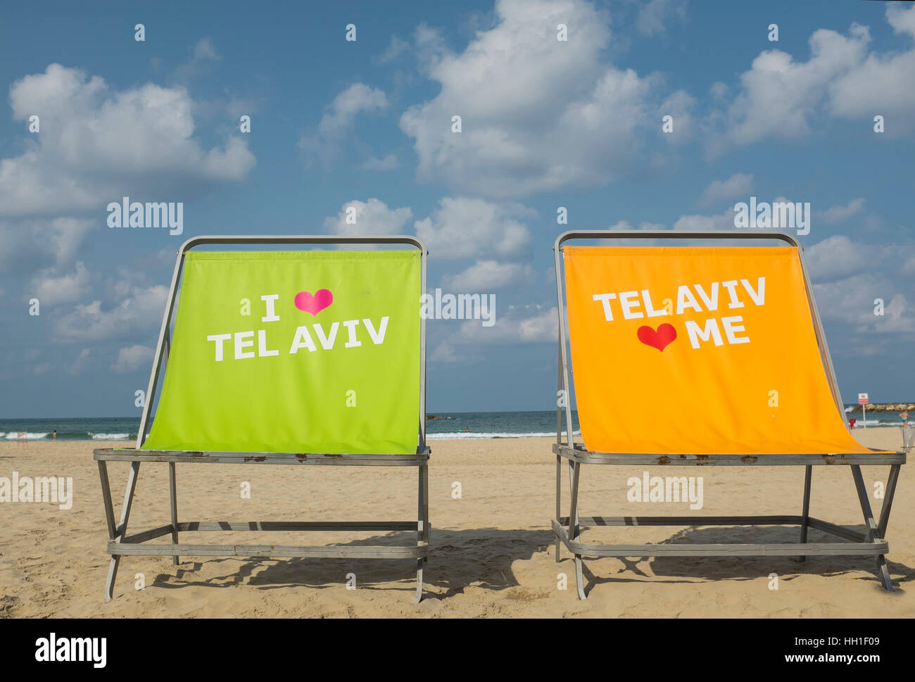 Io amo Tel Aviv, Tel Aviv mi ama, Tel Aviv beach front, Israele Foto Stock