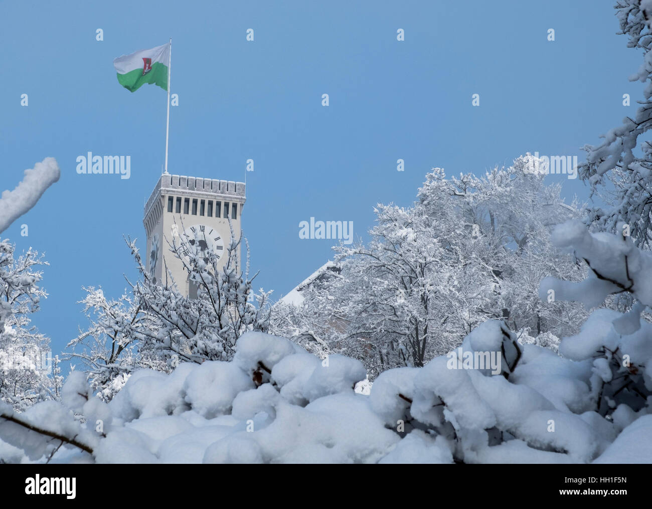 Vista di Lubiana, Slovenia, coperte di neve Foto Stock