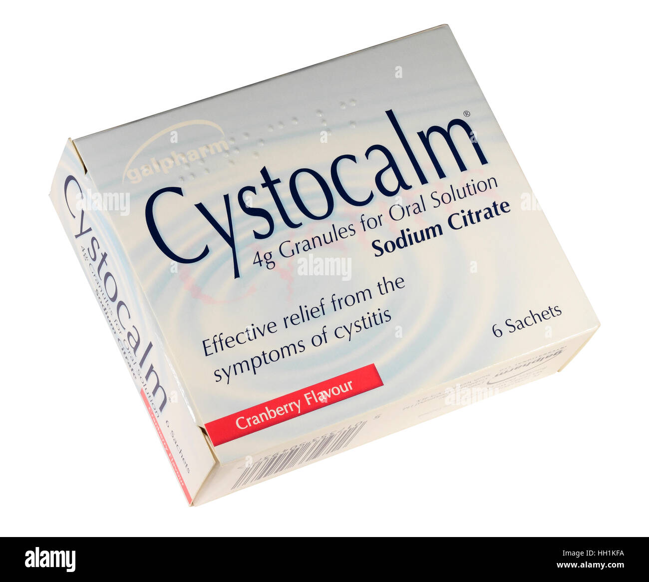 Scatola di sapore di mirtillo palustre Cystocalm bustine per il trattamento di cistiti isolato su uno sfondo bianco Foto Stock