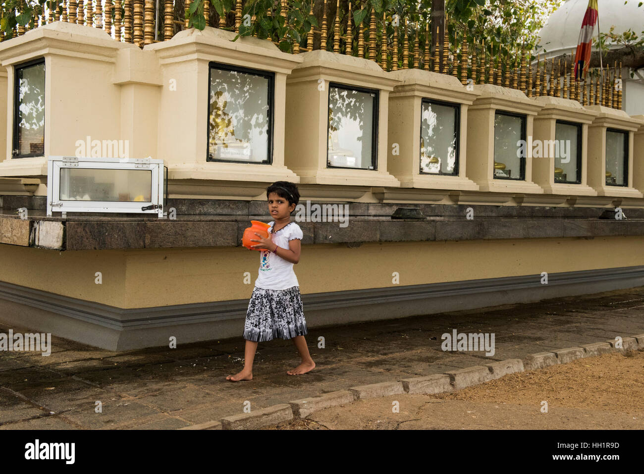 Ragazza camminare attorno ad un albero di Bodhi, Vihara Gangatilaka, Kalutara, Sri Lanka Foto Stock