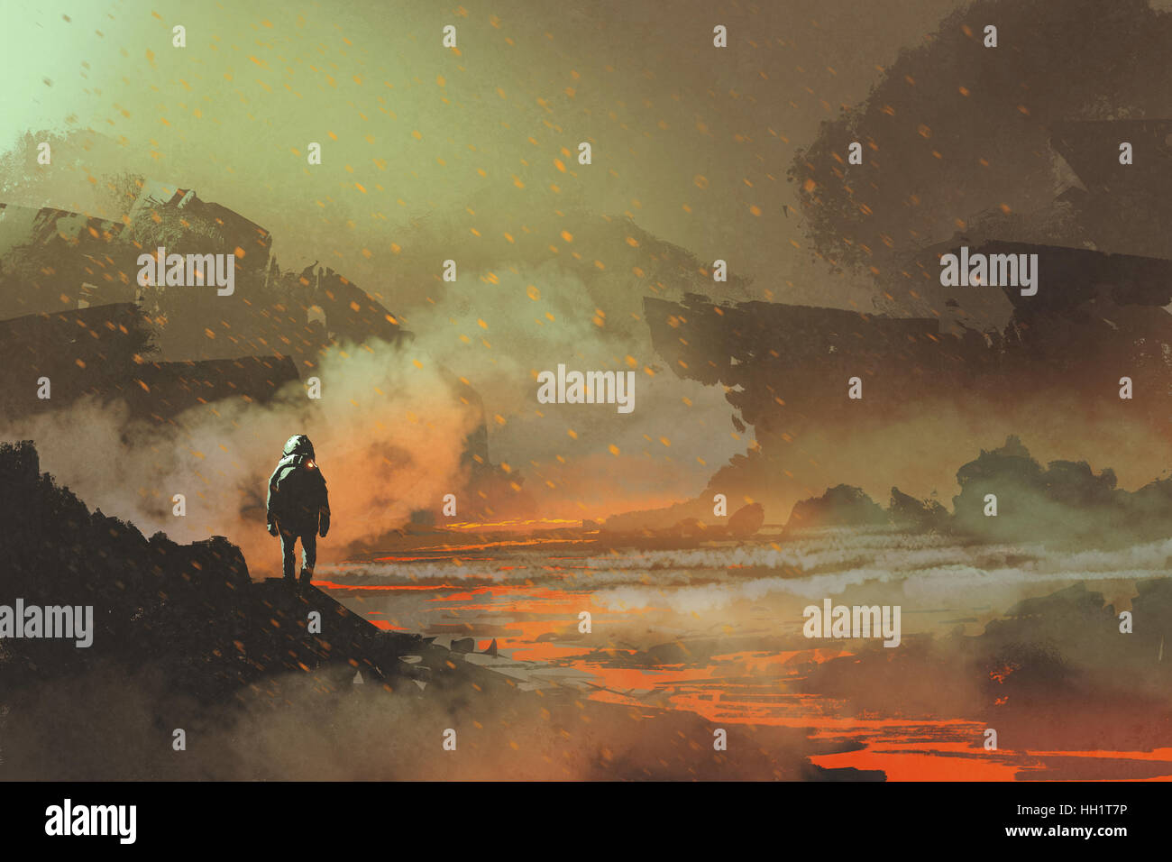 Astronauta in piedi nel pianeta abbandonato con paesaggio vulcanico, illustrazione pittura Foto Stock
