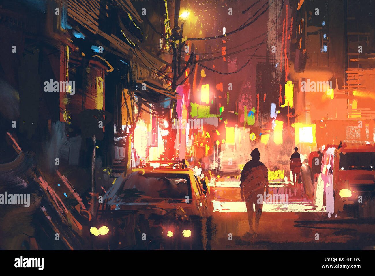 Old Street nella città futuristica di notte con luce colorata,sci-fi concetto,illustrazione pittura Foto Stock