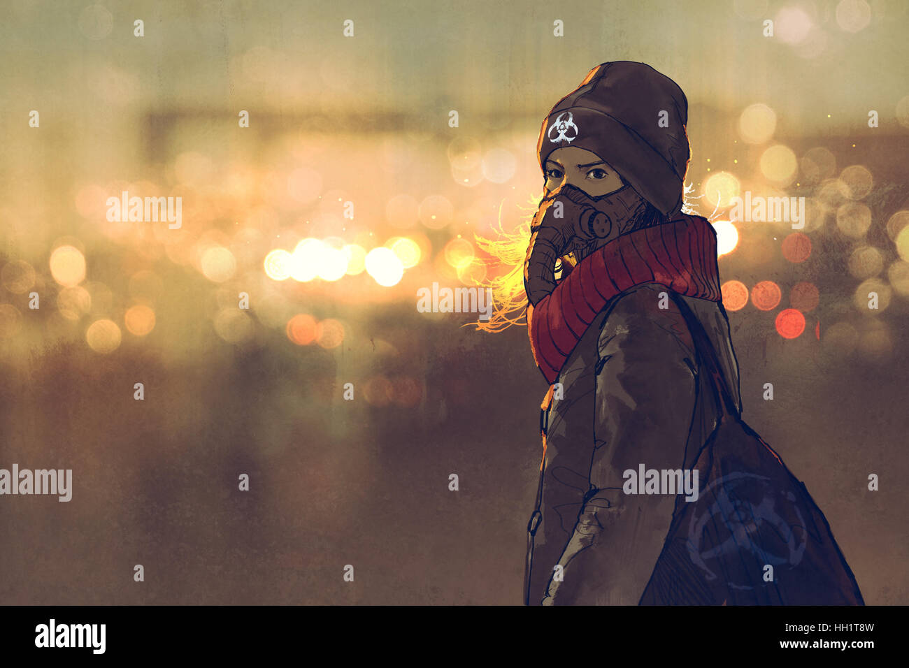 Outdoor Ritratto di giovane donna con maschera a gas in inverno con bokeh luce sullo sfondo, illustrazione pittura Foto Stock
