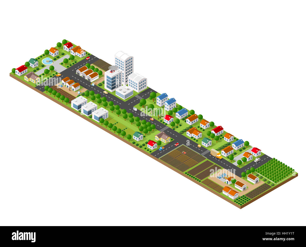 3D isometrica paesaggio cittadino di grattacieli, case, giardini e strade in una vista tridimensionale dall'alto Foto Stock