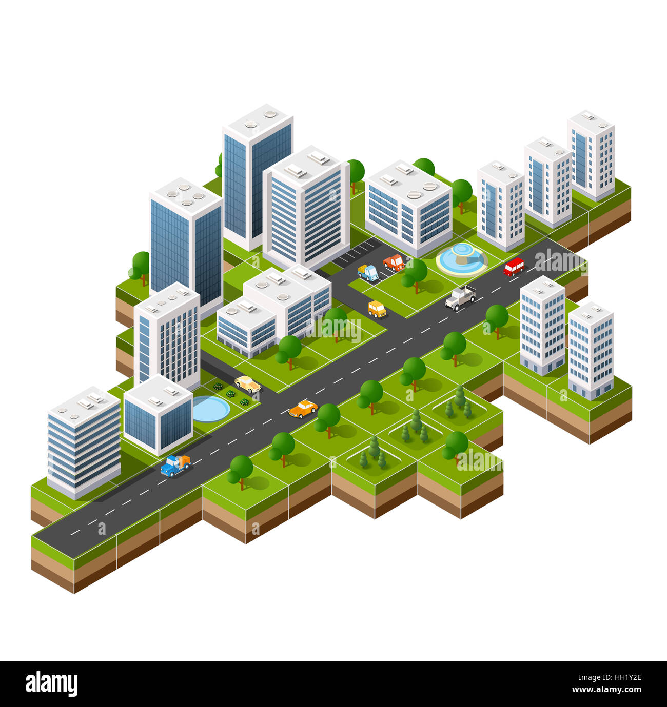 Isometrica, 3D cityscape vista della sommità della casa e alberi di strada Foto Stock