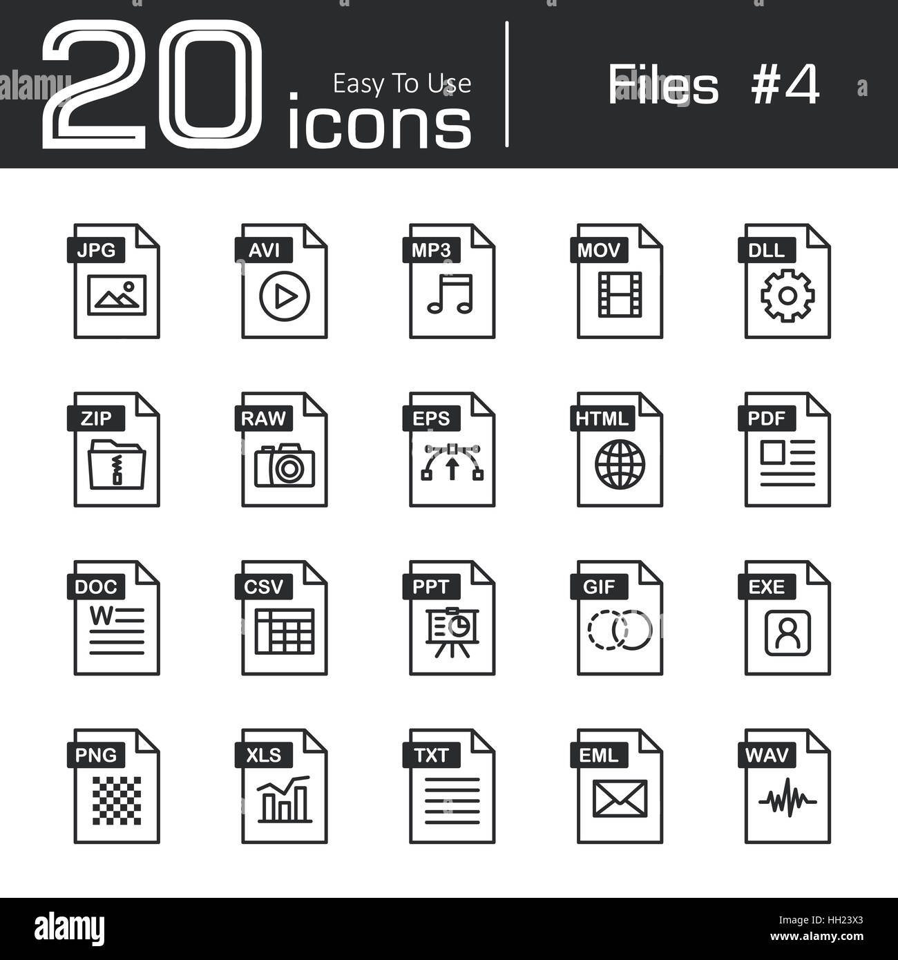 Icona file set 4 ( jpg , avi , mp3 , mov , dll , zip , raw , EPS , HTML , PDF , doc , csv , ppt , gif , exe , png , xls , txt , eml , wav ) Foto Stock