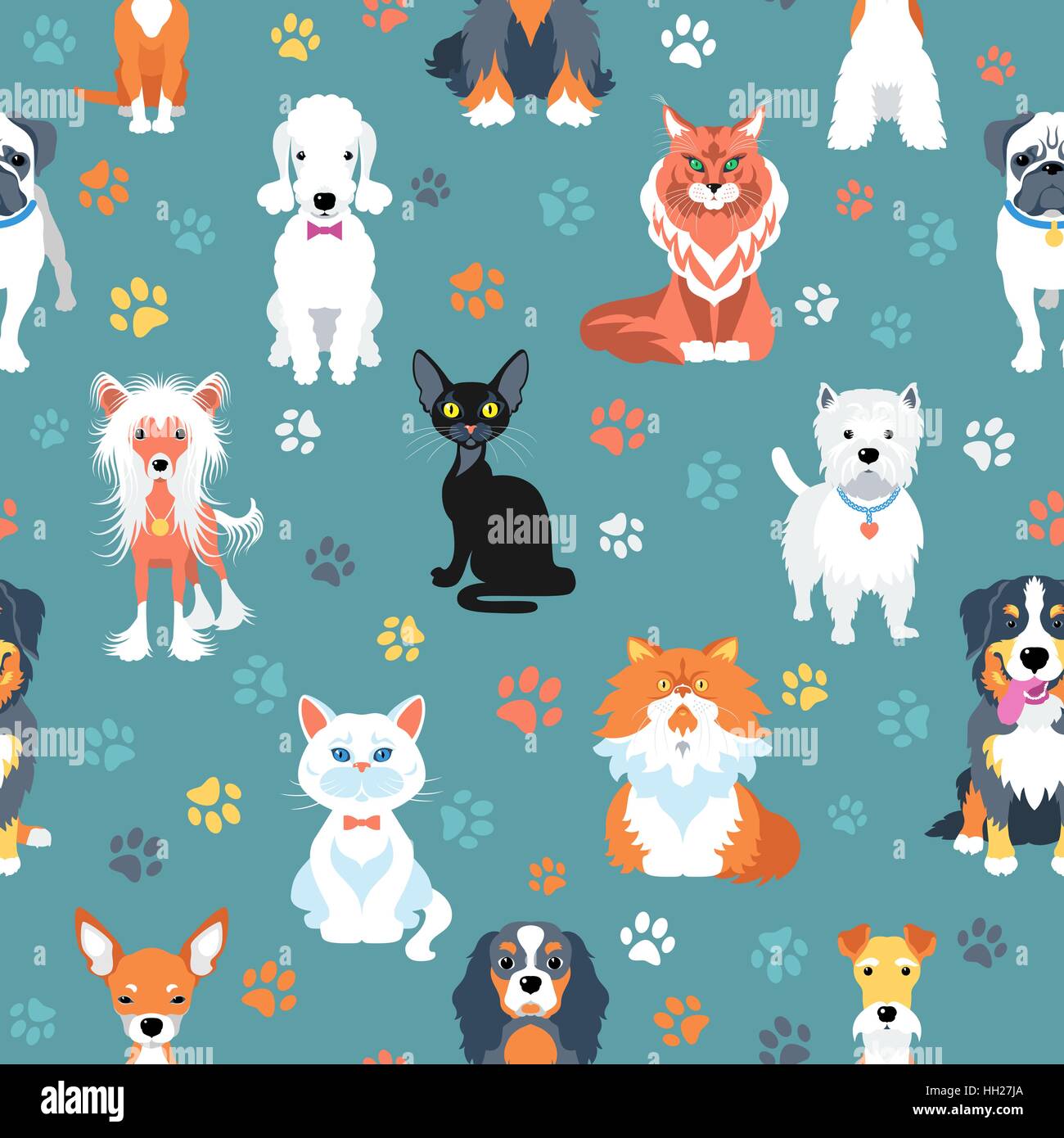 Modello senza soluzione di continuità con i cani e i gatti di design piatto Illustrazione Vettoriale