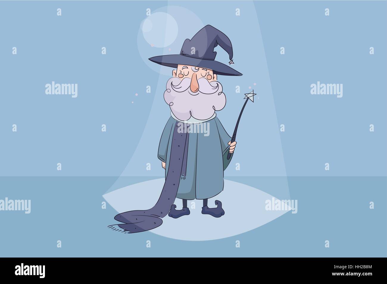 I bambini s illustrazione vettoriale. Una buona procedura guidata in possesso di una bacchetta magica in mano e sorridente su sfondo blu Illustrazione Vettoriale
