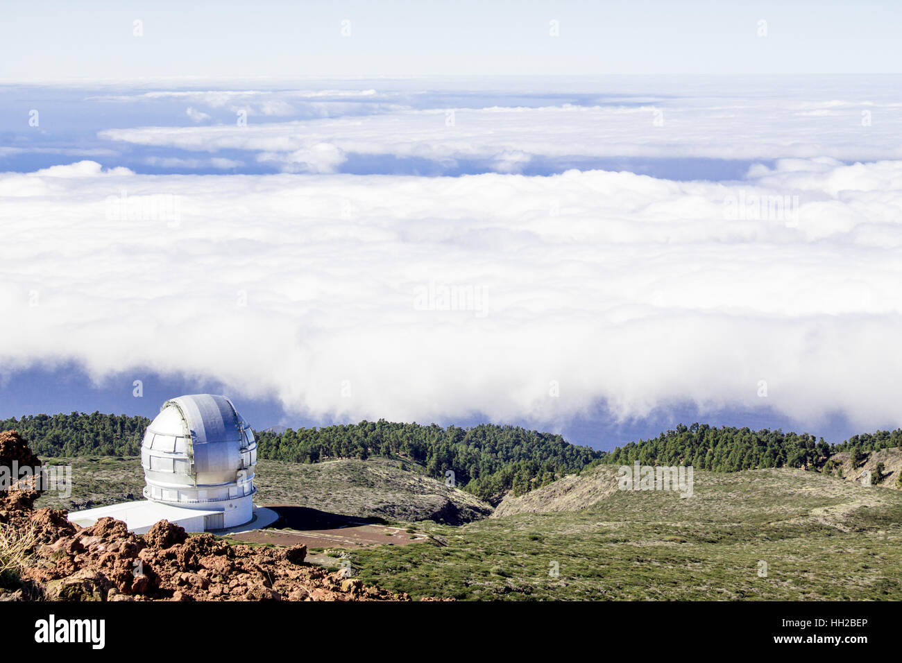 Vista dell'Osservatorio a Mirador del Roque de los Muchachos. Il picco più alto di La Palma delle Canarie, Spagna. Foto Stock