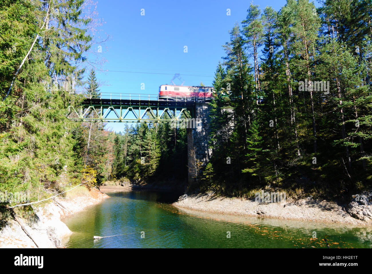 Mitterbach am Erlaufsee: Treno della Mariazellerbahn sul viadotto Eseltal - Ötscher-Tormäuer Natura Park, Mostviertel, Niederösterreich, Aust inferiore Foto Stock