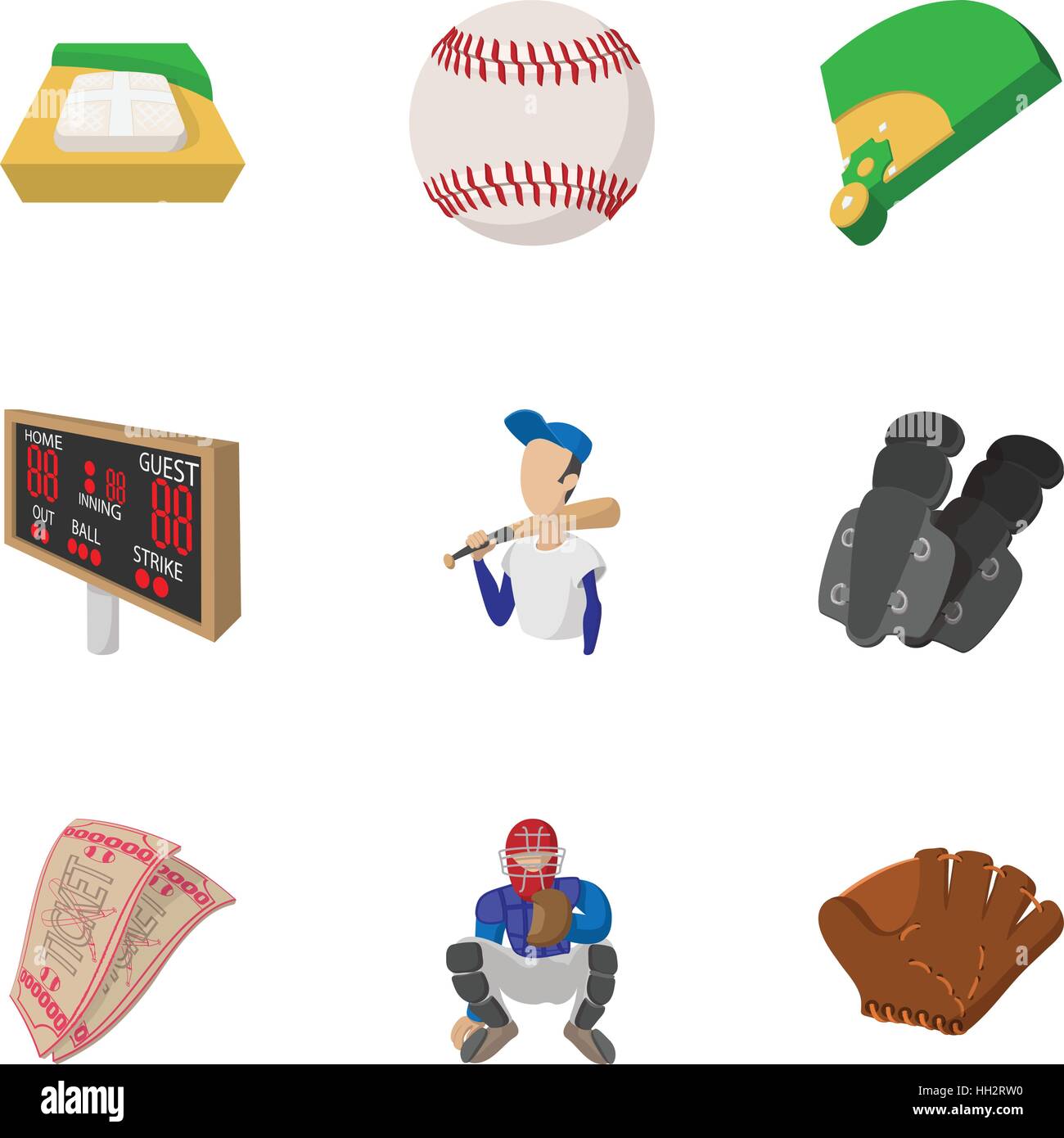 Baseball sport set di icone, stile cartoon Illustrazione Vettoriale