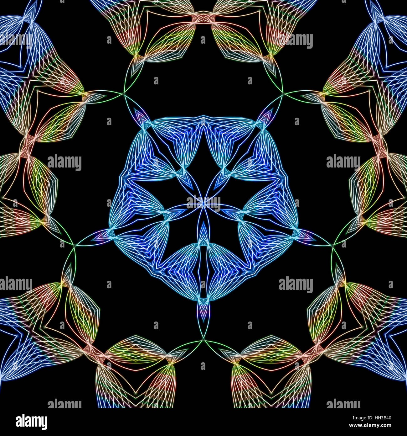 Astratta geometrica lucida swirl con pianta pentagonale è formata da filamenti su sfondo scuro. Arte frattale graphics Foto Stock