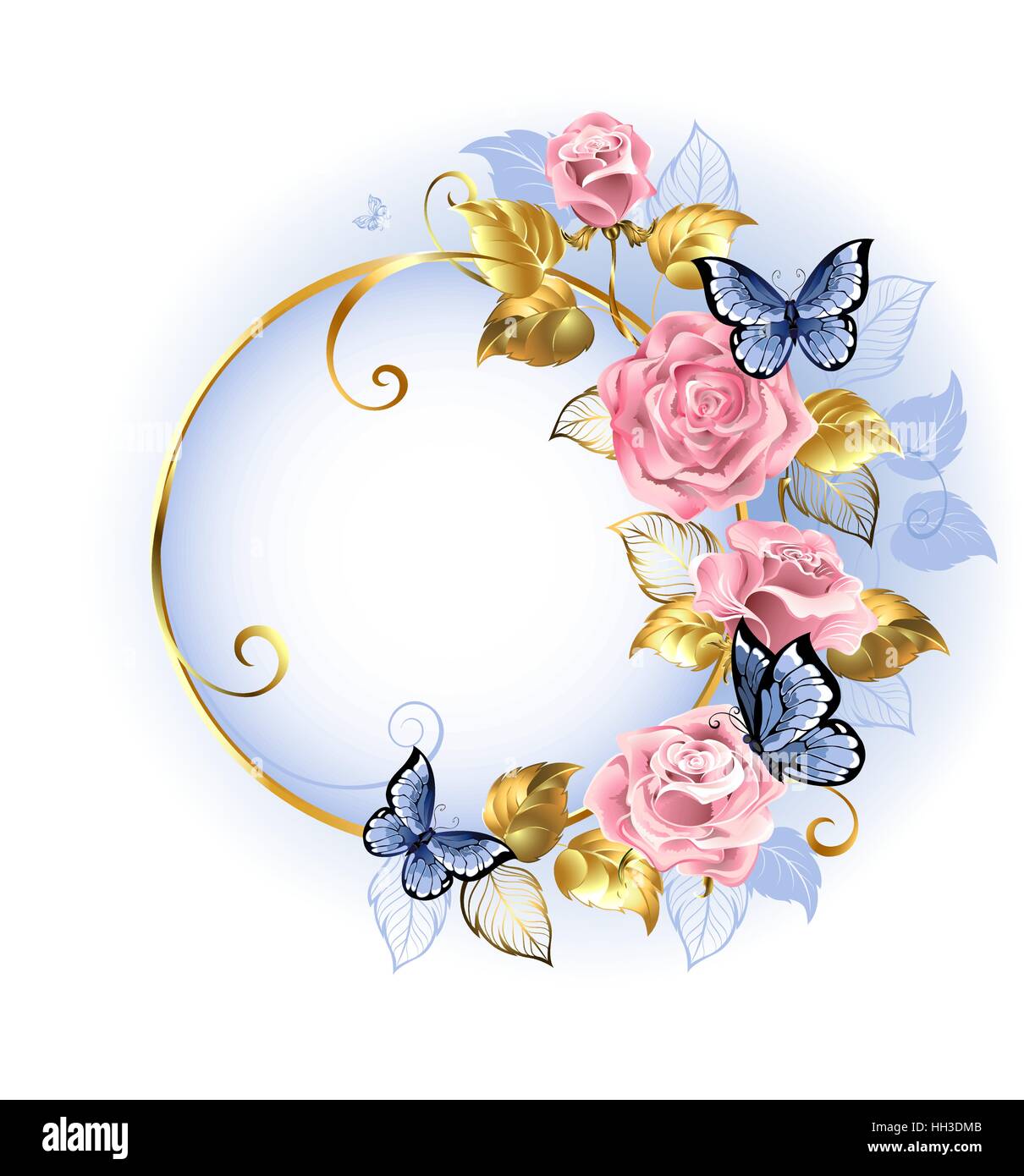 Round banner dorato con rosa delicato roses, farfalle blu, oro e foglie di colore blu su sfondo chiaro. Illustrazione Vettoriale