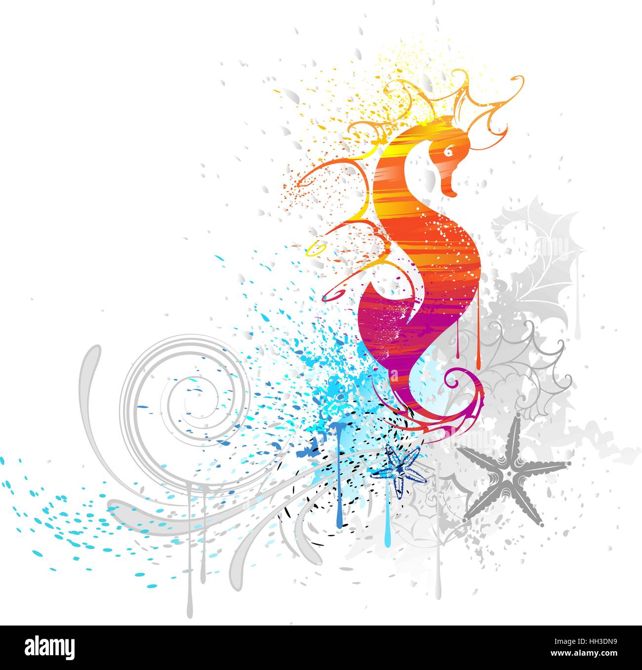 Cavalluccio marino, è disegnato con rosso e giallo su sfondo bianco. Illustrazione Vettoriale