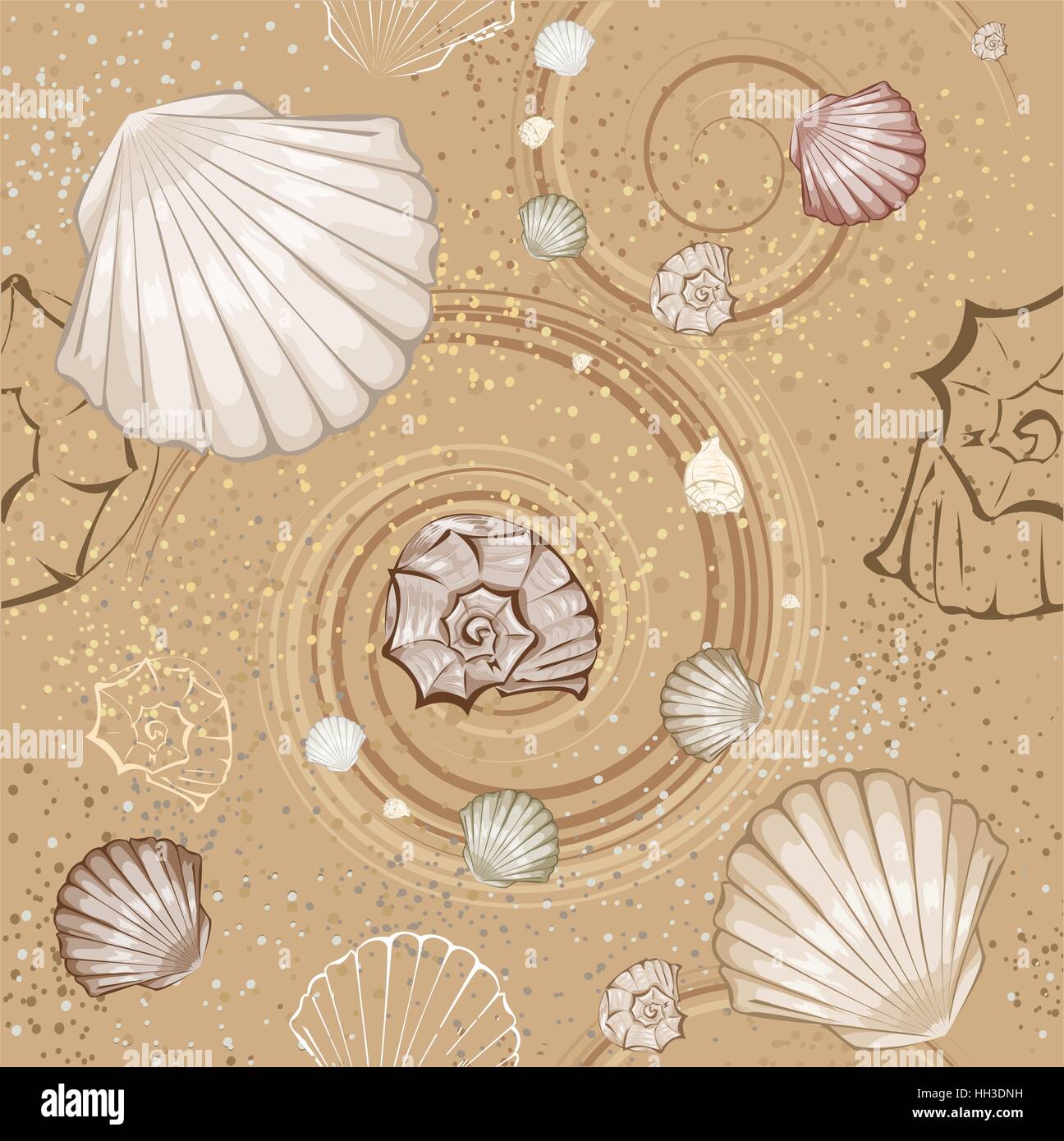 Modello senza giunture di marrone e beige stilizzata conchiglia di mare sul beige, sandy ground. Illustrazione Vettoriale