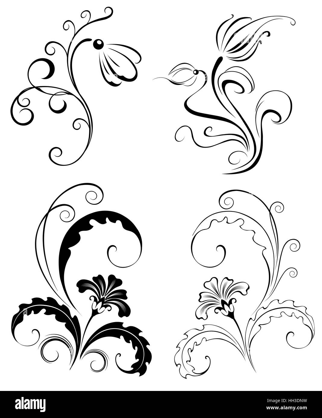 Impostare quattro nero fiori decorativi (per tatuaggi) Illustrazione Vettoriale