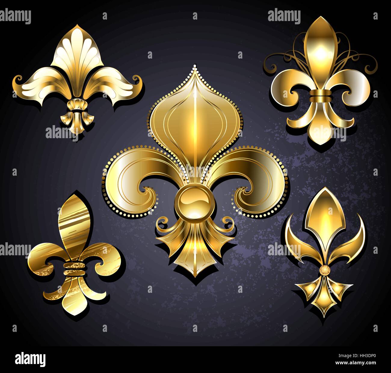 Set di oreficeria, gioielleria Fleur de Lis su uno sfondo nero. Illustrazione Vettoriale