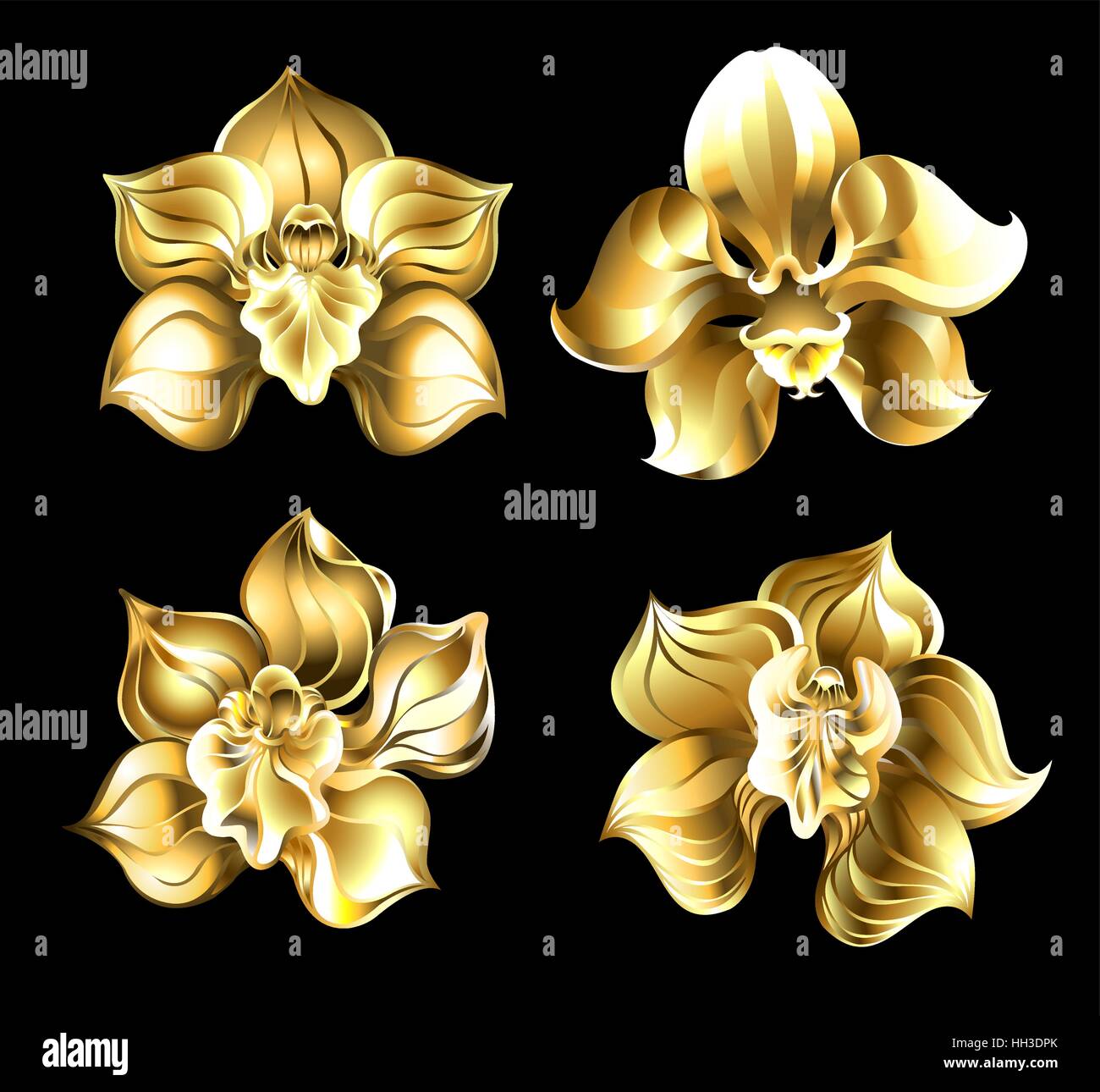 Set di arte, gioielli, oro orchidee su uno sfondo nero. Illustrazione Vettoriale