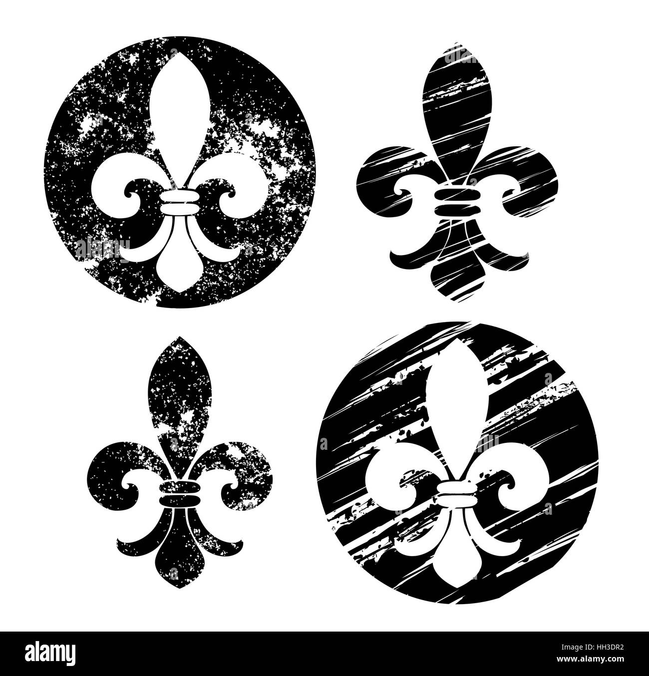 Set di Fleur de Lis, verniciato in nero su uno sfondo bianco. Schizzo di stile. Disegno in vernice nera. Grunge Texture. Illustrazione Vettoriale