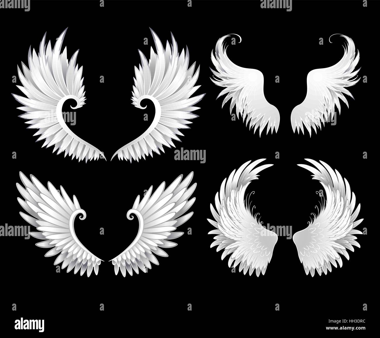 Set di ali di colore bianco su uno sfondo nero. Illustrazione Vettoriale