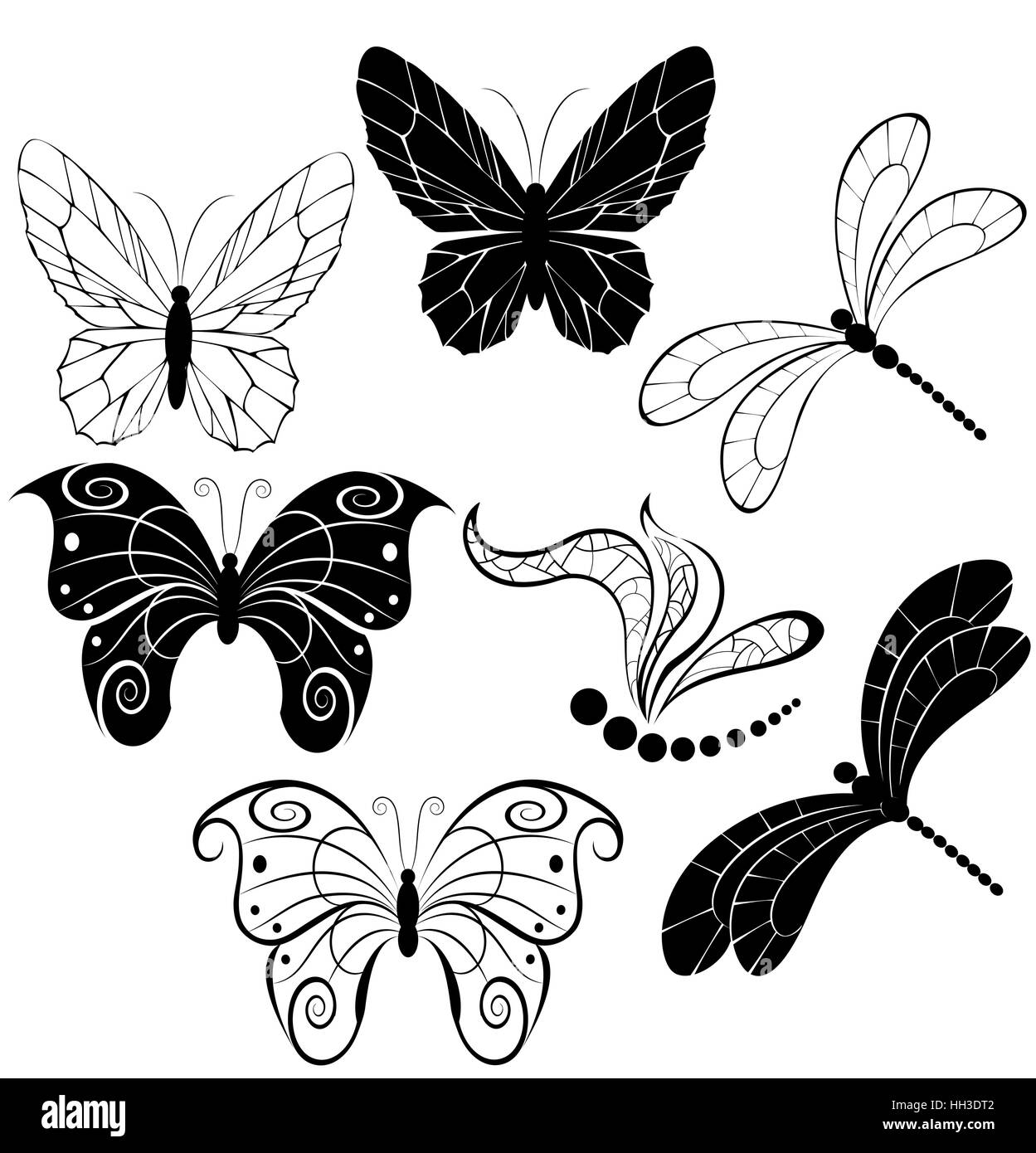 Silhouette nera stilizzata di farfalle e libellule su uno sfondo bianco. Illustrazione Vettoriale