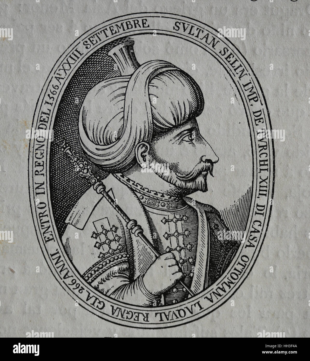 Selim II (1524-1574). Undicesimo sultano ottomano. Ritratto. Incisione di storia di Filippo II, 1884. Foto Stock