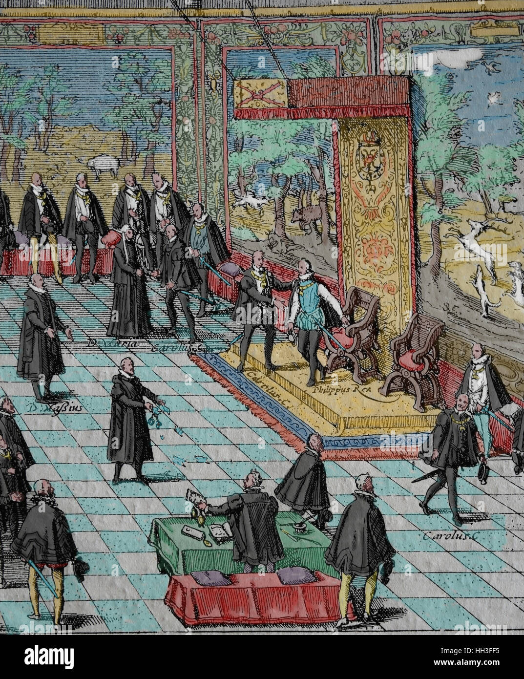 Carlo V imperatore del Sacro Romano Impero abdicazione a Bruxelles, 1555. Cooper incisione di Hozenberg. Copia. Colorazione successiva. Foto Stock