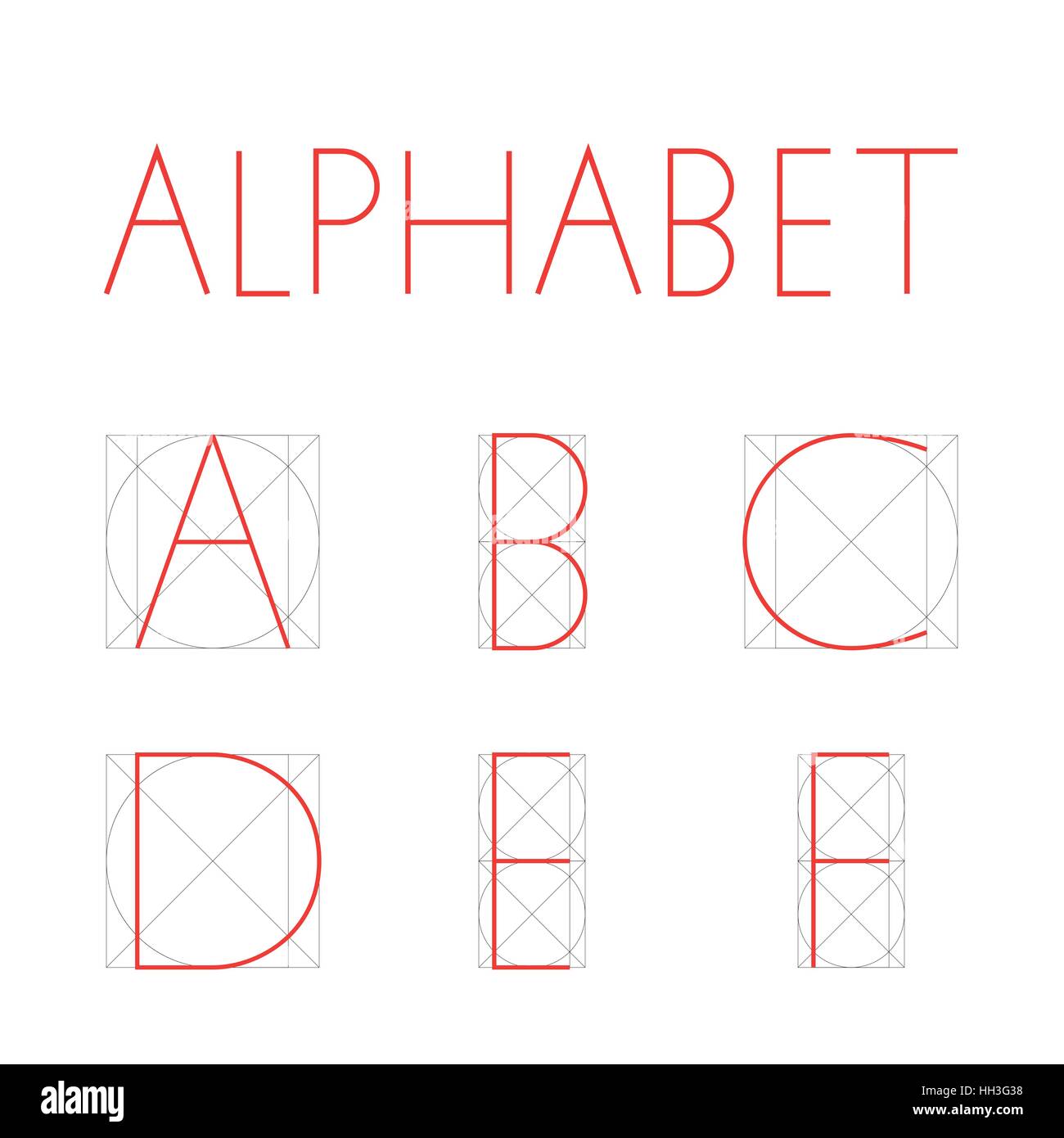 Vettore di carattere geometrico. Costruzione di lettere alfabeto. Red  Letter nella giusta forma geometrica - quadrato e cerchio. A,B,C,D,E,F  Immagine e Vettoriale - Alamy