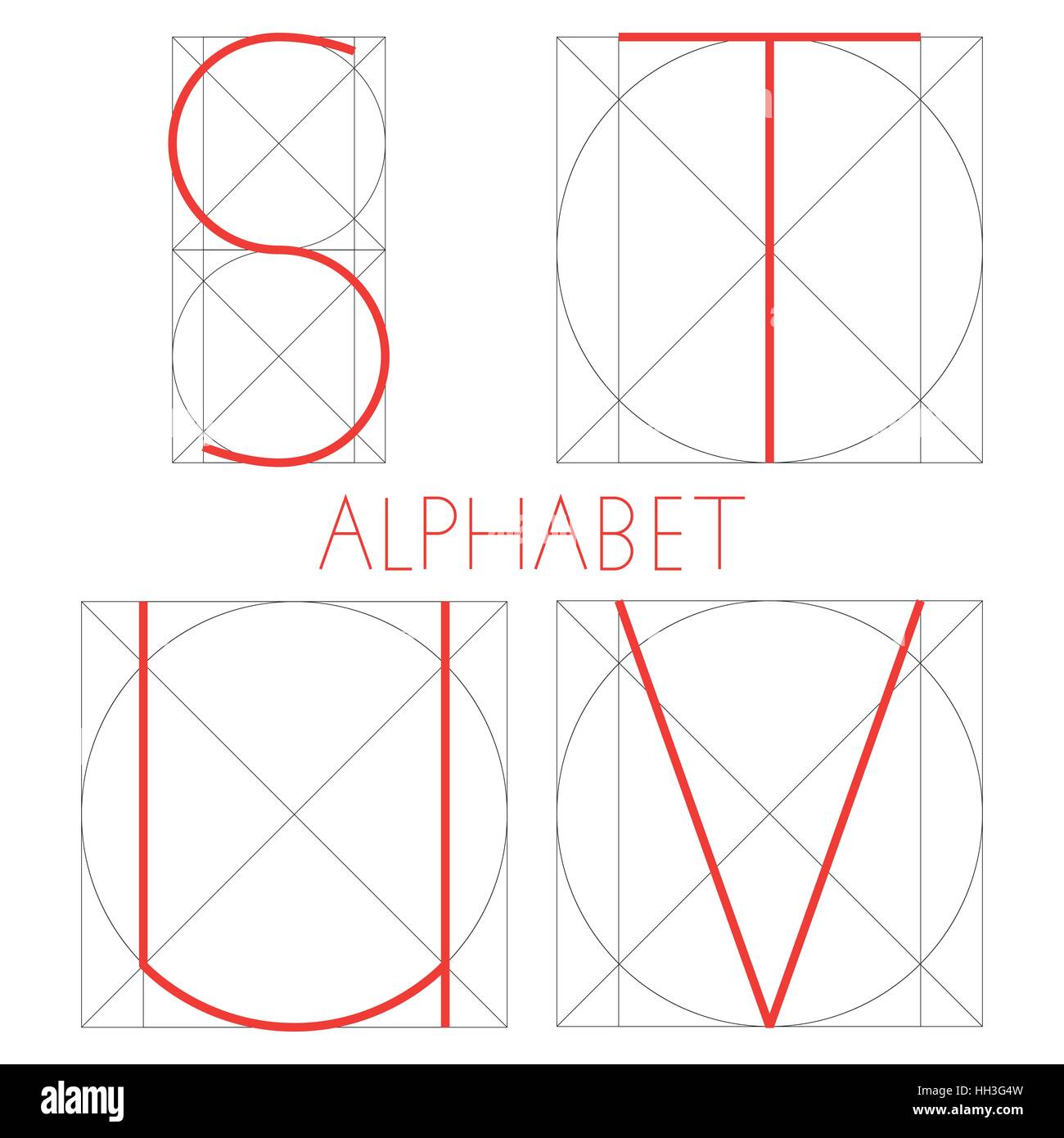 Vettore di carattere geometrico. Costruzione di lettere alfabeto. Red  Letter nella giusta forma geometrica - quadrato e cerchio. S, T, U, V  Immagine e Vettoriale - Alamy
