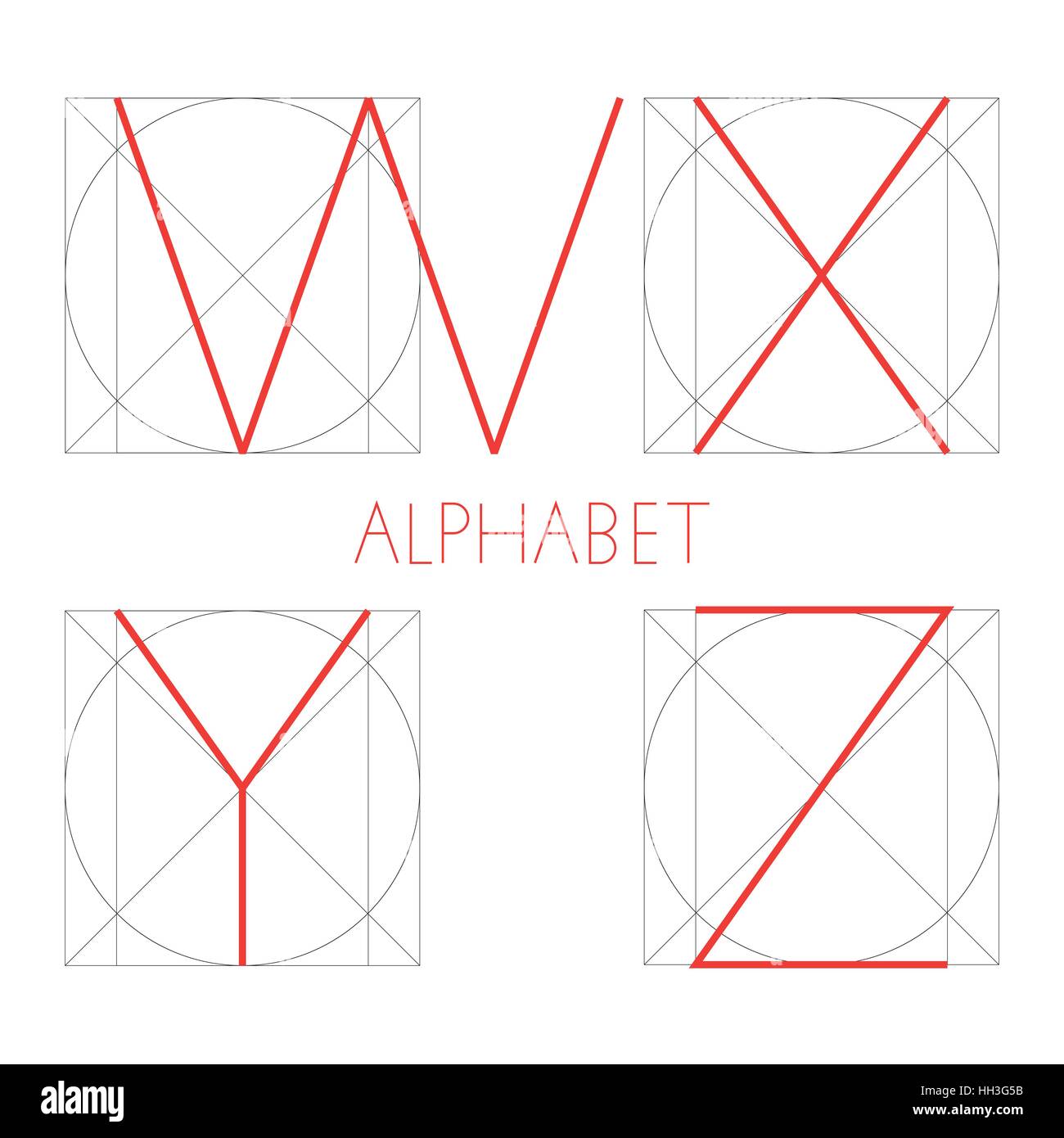 Vettore di carattere geometrico. Costruzione di lettere alfabeto. Red  Letter nella giusta forma geometrica - quadrato e cerchio. W, X, Y, Z  Immagine e Vettoriale - Alamy