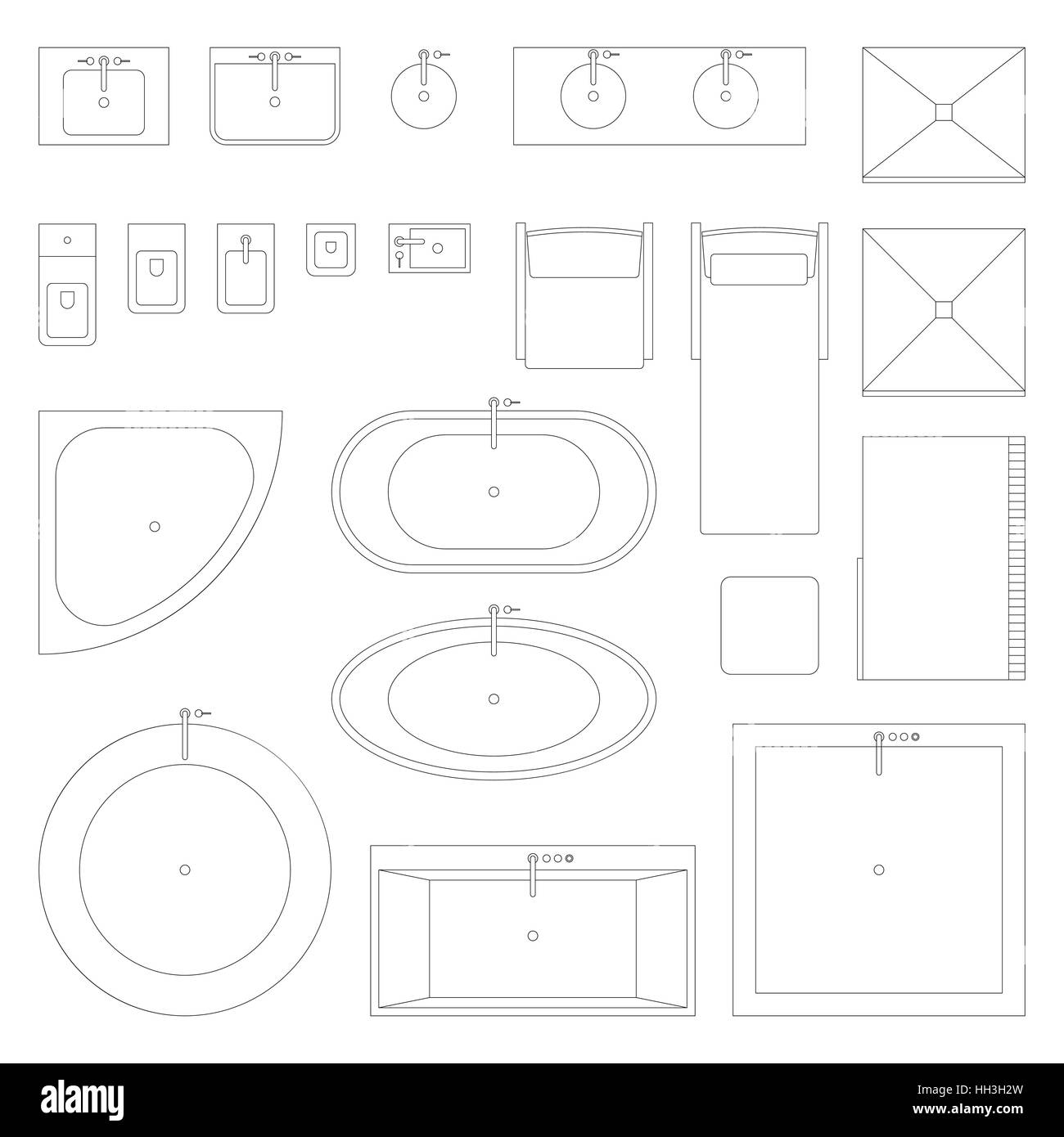 Linea di icone di interni per il bagno. Illustrazione Vettoriale