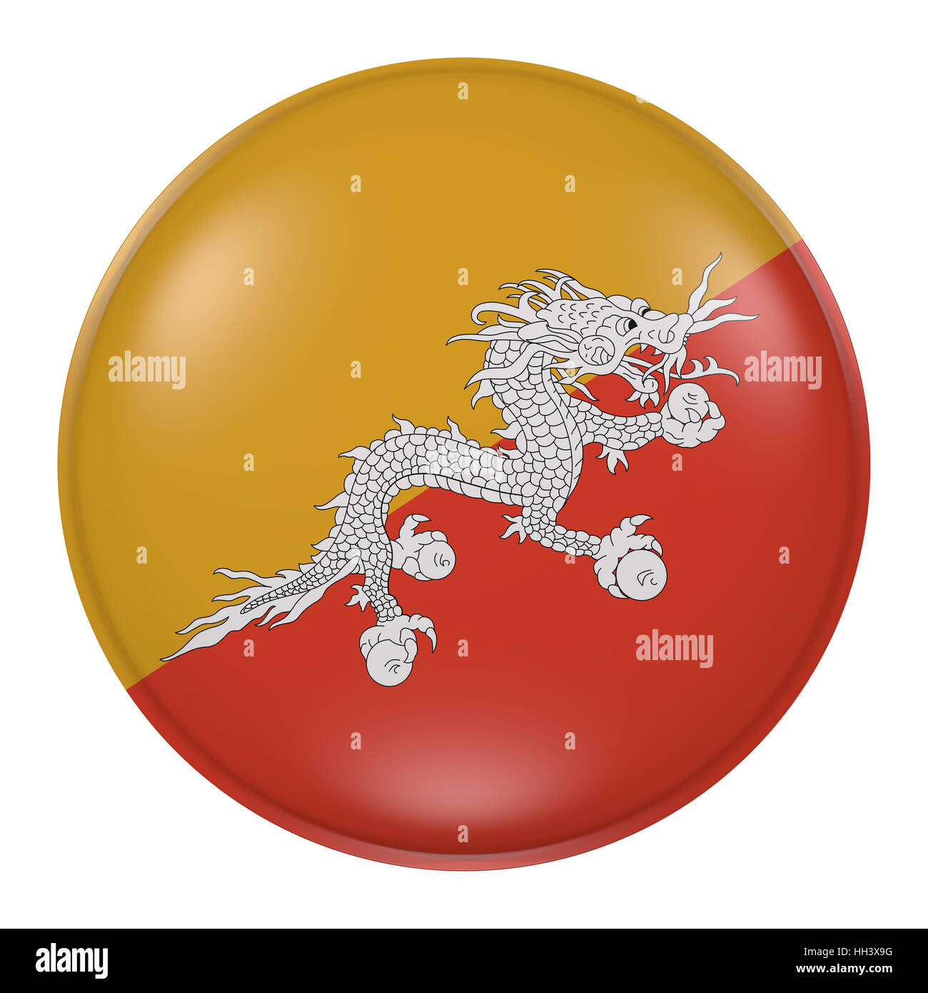 3D rendering del Regno del Bhutan pulsante con bandiera su sfondo bianco Foto Stock