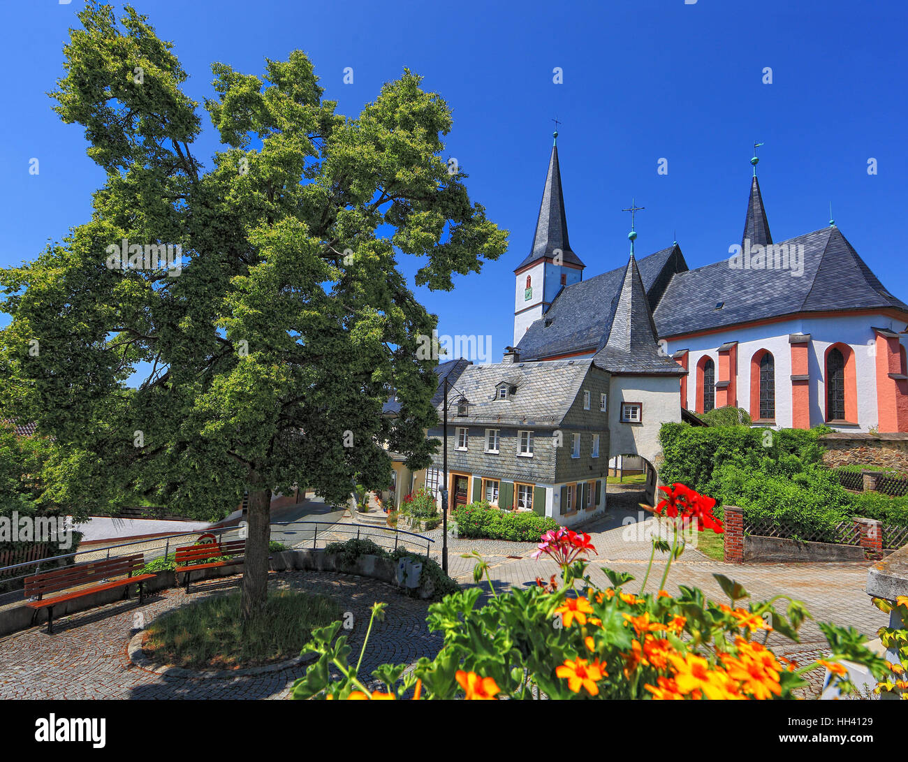 Chiesa fortificata zum Heiligen Geist in Grafengehaig, una delle più antiche chiese fortificate in Germania. distretto di Kulmbach, Alta Franconia, Baviera, Foto Stock