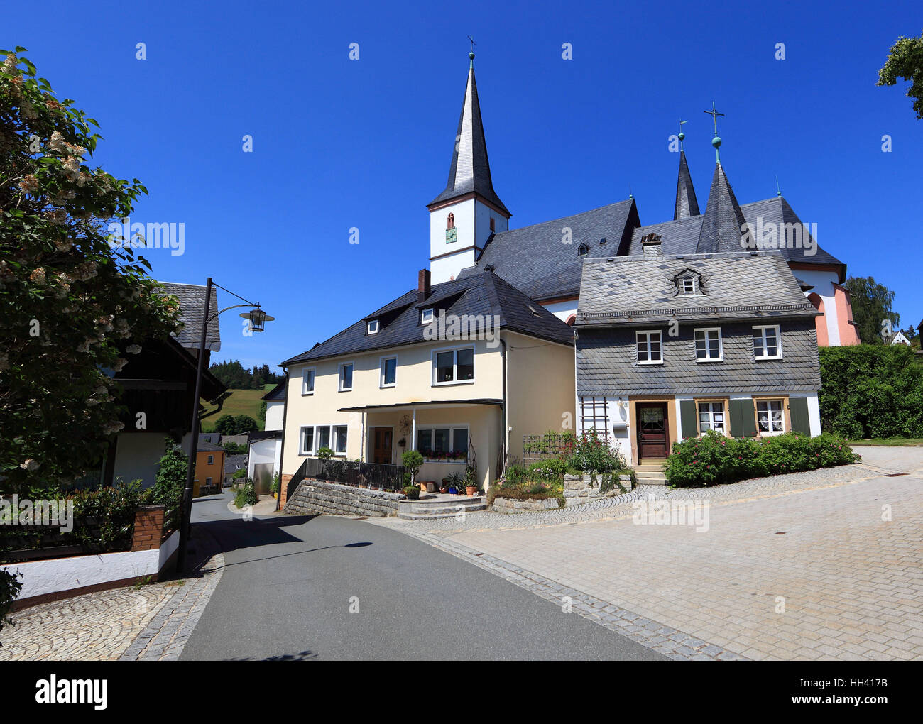 Chiesa fortificata zum Heiligen Geist a Grafengehaig. Una delle più antiche chiese fortificate in Germania, distretto di Kulmbach, Alta Franconia, Baviera, Foto Stock