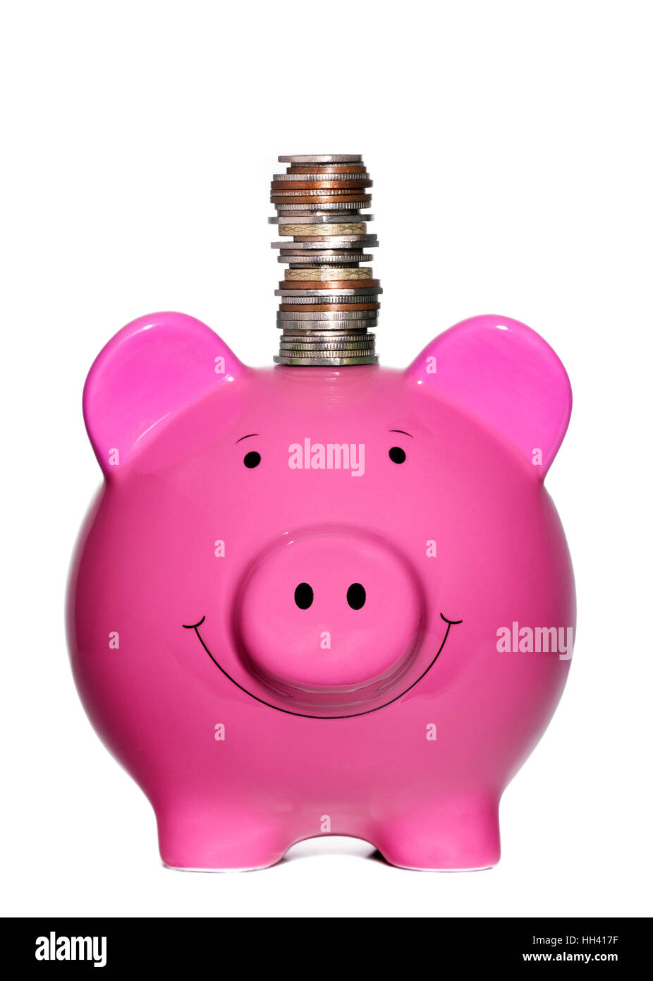 Rosa Salvadanaio con monete Foto Stock