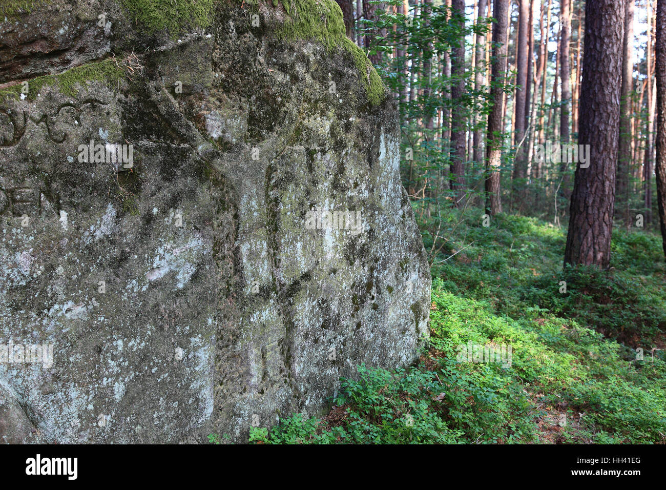 Weathered rilievo piatto, presumibilmente Volto Santo tipo, crocifisso, parte di un antico percorso del pellegrinaggio, Ernst-Michel rocce vicino Mainleus, distretto di Kulmbach Foto Stock