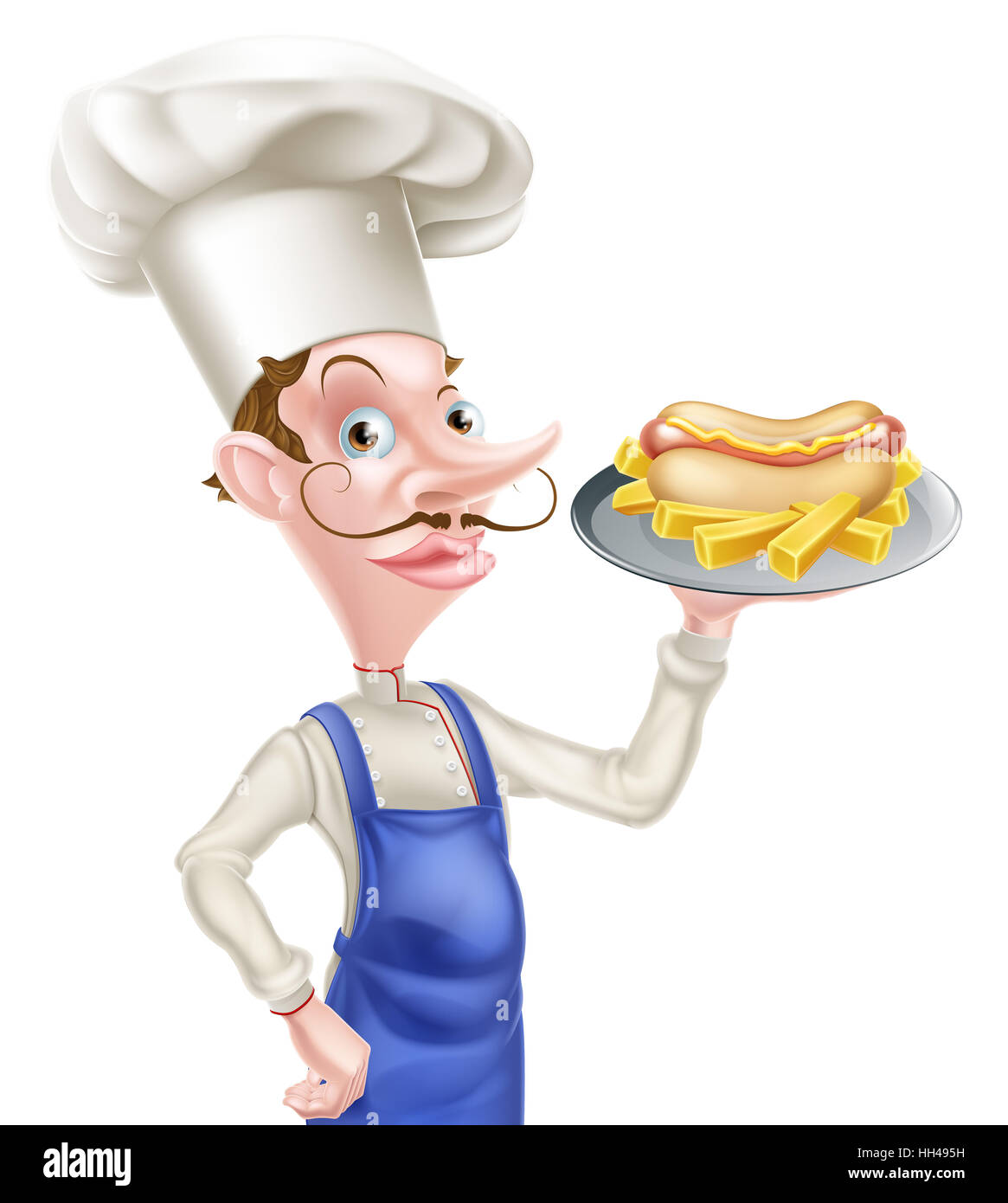 Una illustrazione di un cartoon Chef con hot dog e patatine Foto Stock