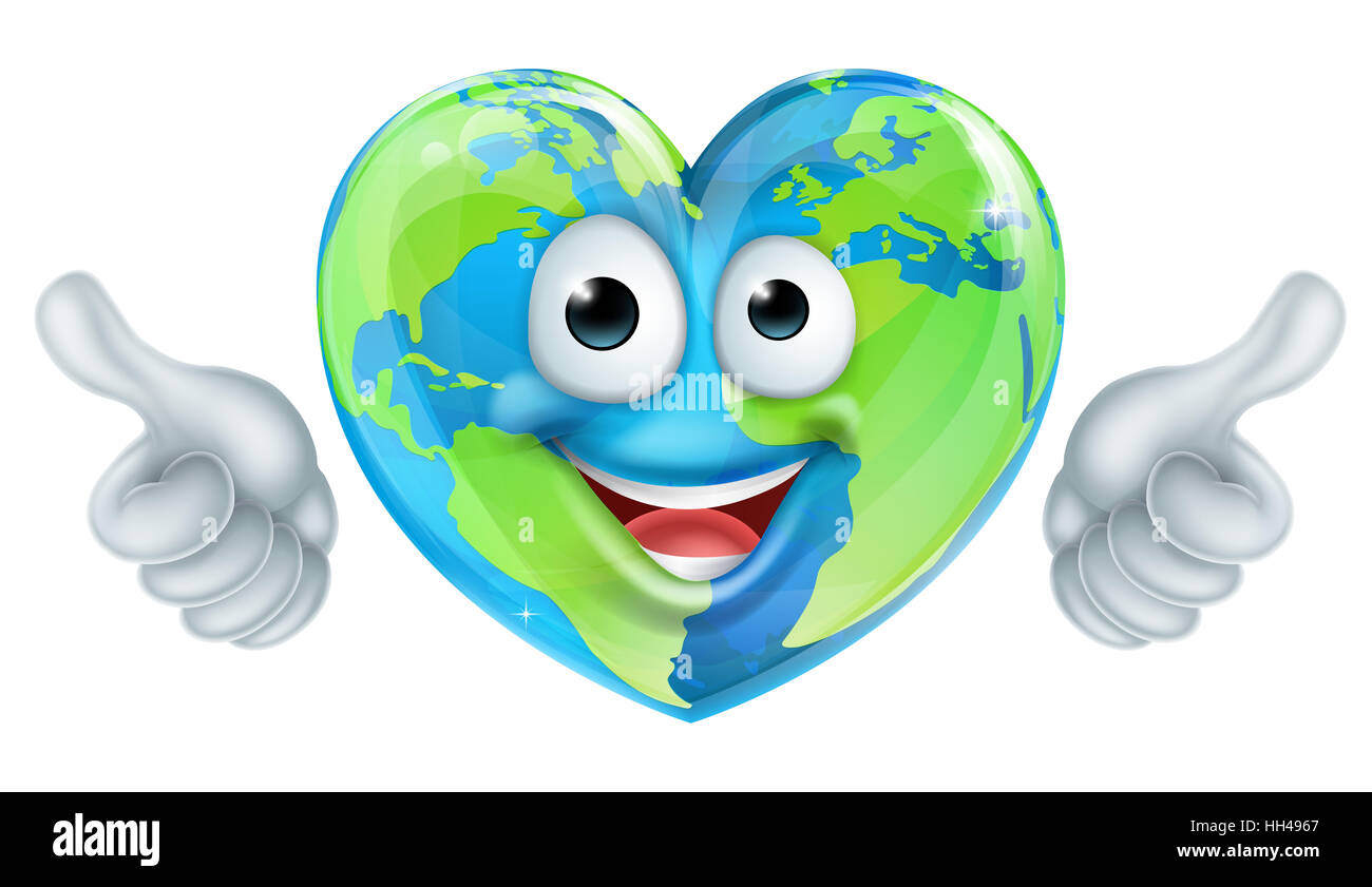 Un mondo per la giornata della terra Thumbs up mascotte a forma di cuore globe personaggio dei fumetti Foto Stock