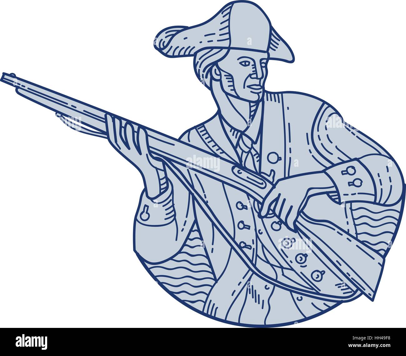 Mono stile linea illustrazione di un american patriot minuteman holding fucile guardando al lato visto dal lato anteriore impostato su isolato sullo sfondo bianco. Illustrazione Vettoriale