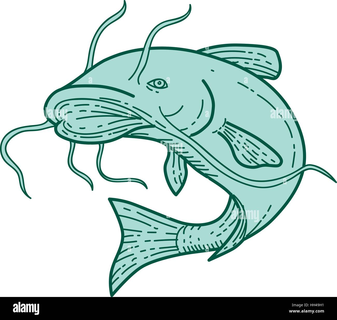 Ingresso linea mono stylle illustrazione di un ray-alettato pesce gatto pesce noto anche come fango cat, polliwogs o chucklehead salto impostato su isolato sfondo bianco Illustrazione Vettoriale