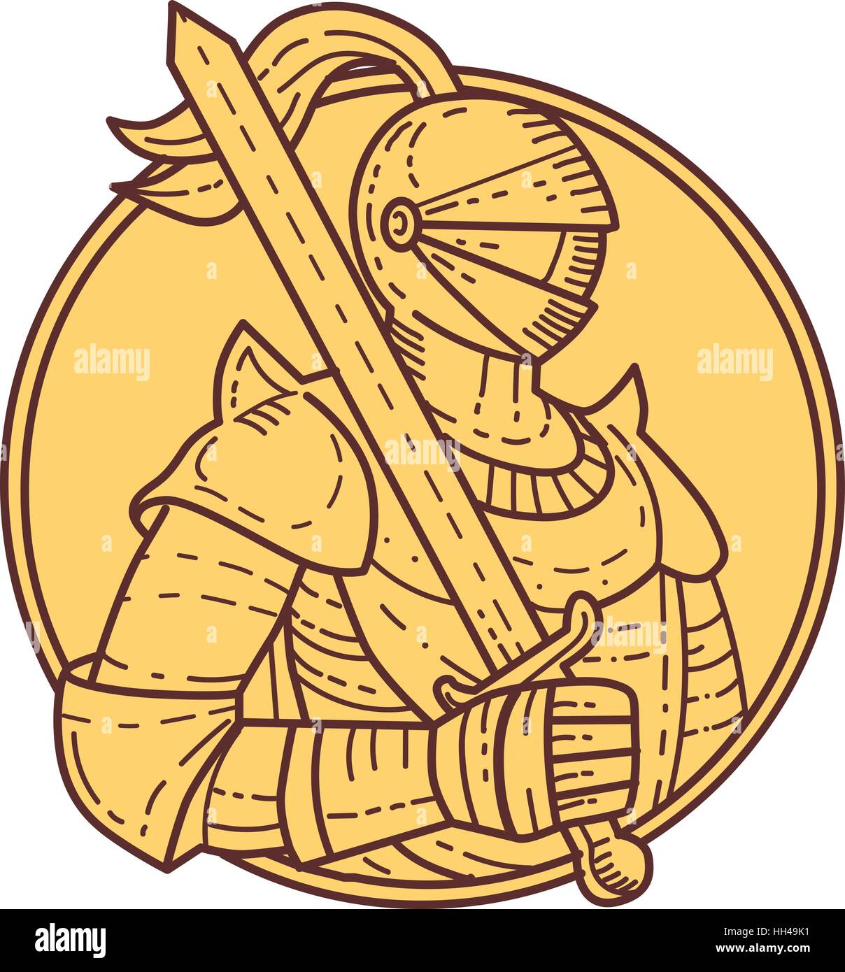 Ingresso linea mono illustrazione dello stile di un cavaliere indossa armatura e casco la spada sulla spalla vista dal lato impostato all'interno del cerchio sul backgro isolato Illustrazione Vettoriale