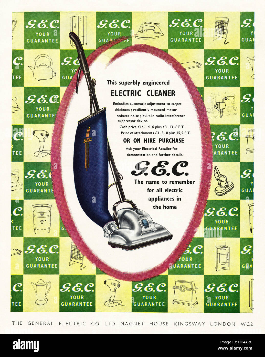 Anni Cinquanta pubblicità pubblicità dal vecchio originale vintage rivista inglese datato 1950 pubblicità per GEC montante elettrica aspirapolvere Foto Stock