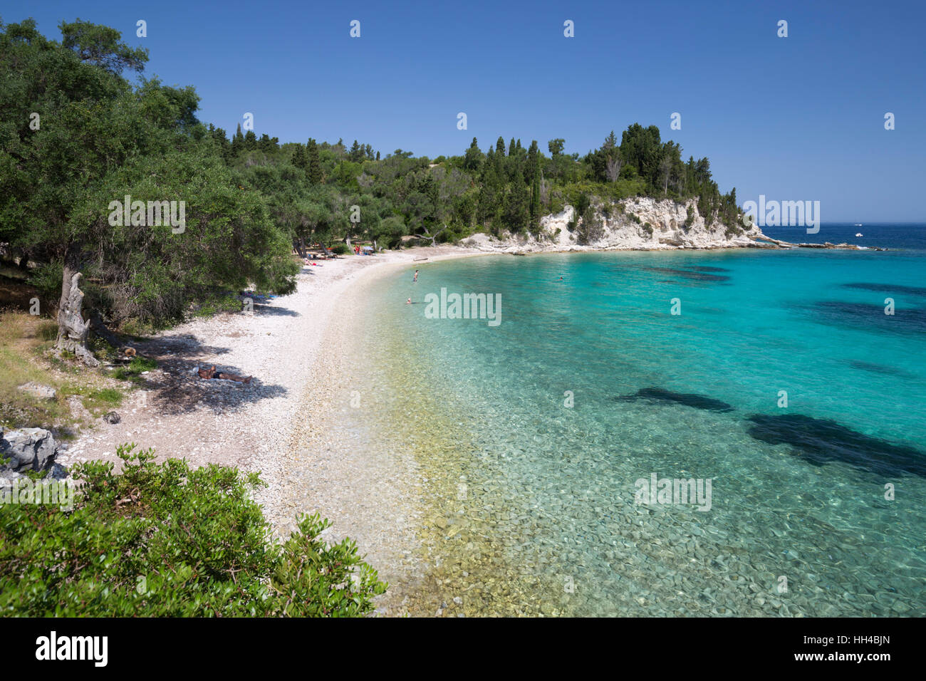 Marmaria spiaggia sulla costa est, Paxos, Isole Ionie, isole greche, Grecia, Europa Foto Stock