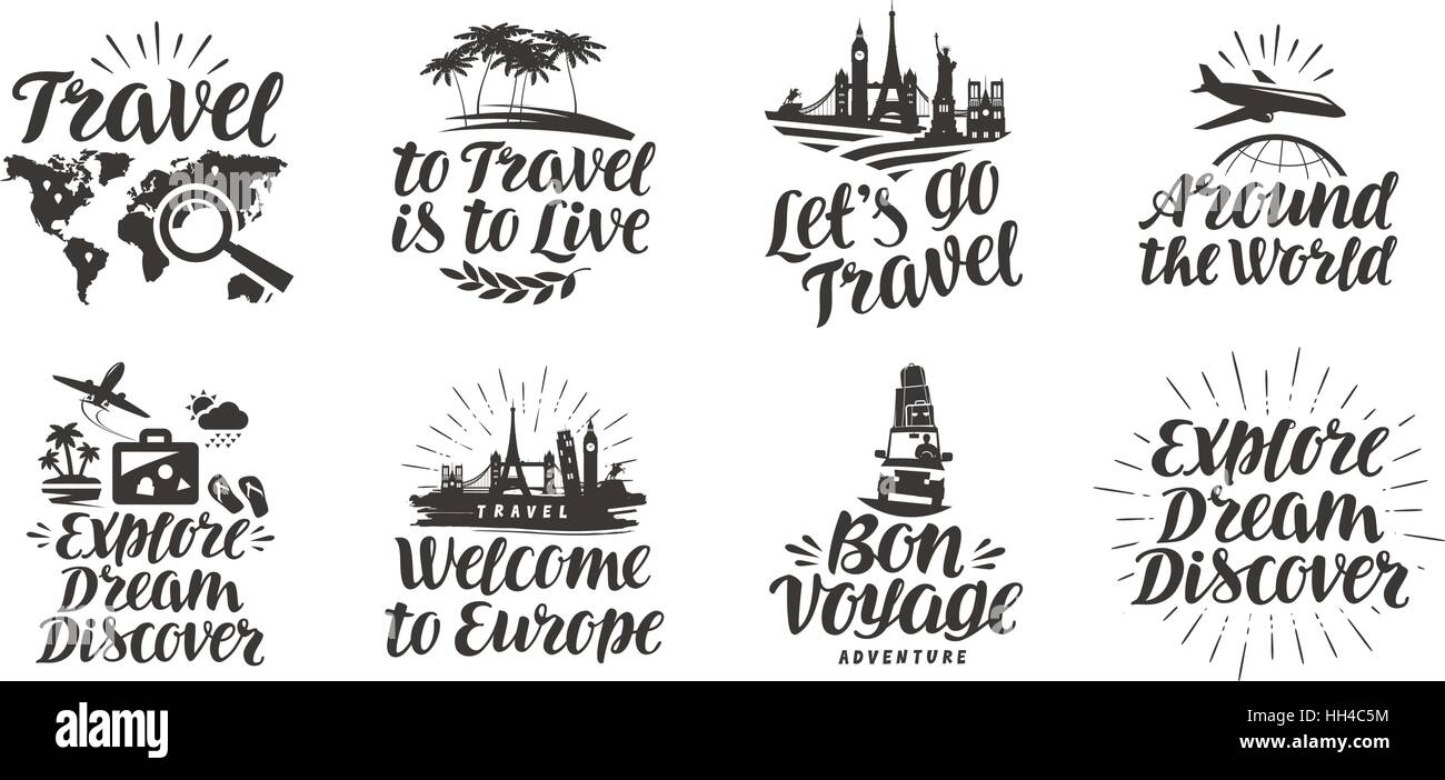 Viaggio, viaggio impostare le icone. Caratteri scritti a mano. L'etichetta illustrazione vettoriale Illustrazione Vettoriale