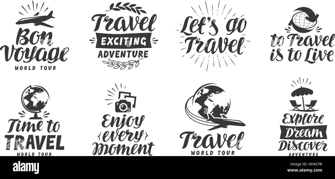 Viaggi, avventuri impostare le icone. Caratteri scritti a mano. L'etichetta illustrazione vettoriale Illustrazione Vettoriale